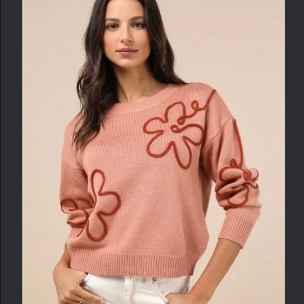 Lulus Women L Terracotta Pink Textured Floral Embroidered Knit Crewneck Sweater